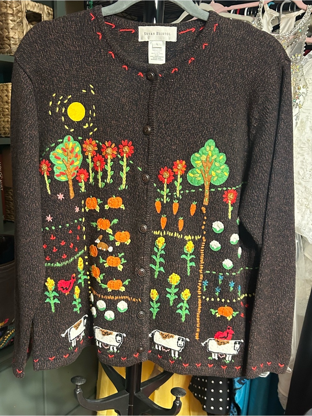 Susan Bristol Hand Embroidered Vintage Farm Garden Cardigan Sweater Cottagecore - Picture 4 of 10